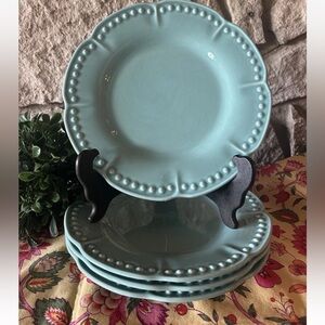 4 Matceramica Portugal Dinner Plates Blue Aqua Beaded Scalloped Edge 11"‎